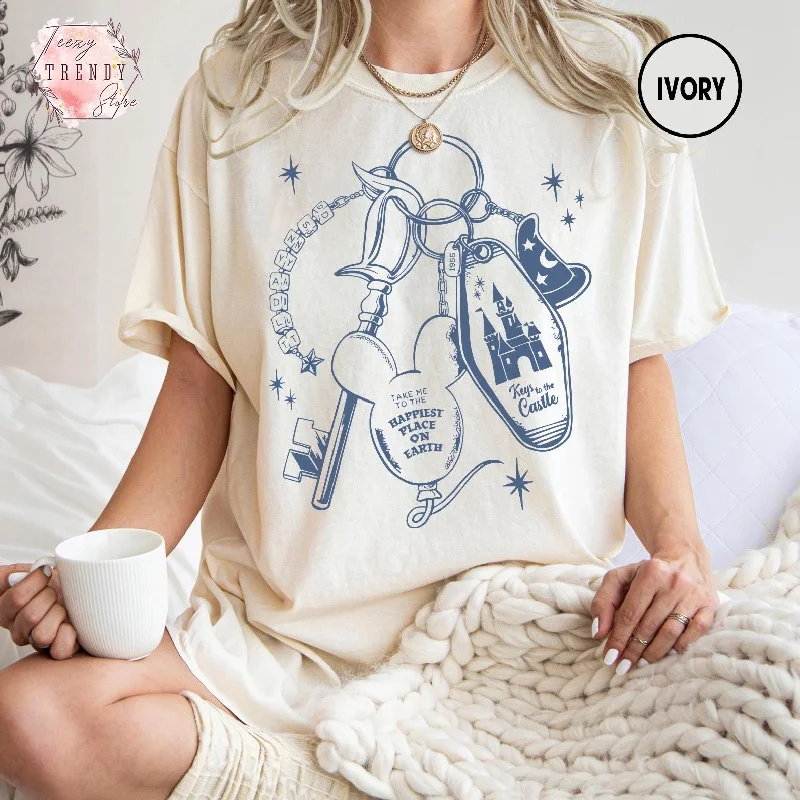2025-26 Disney100% القطن تي شيرت مطبوع ديزني المفاتيح شخصيات القلعة السحرية تي شيرت خمر s القطن عادية عطلة #2