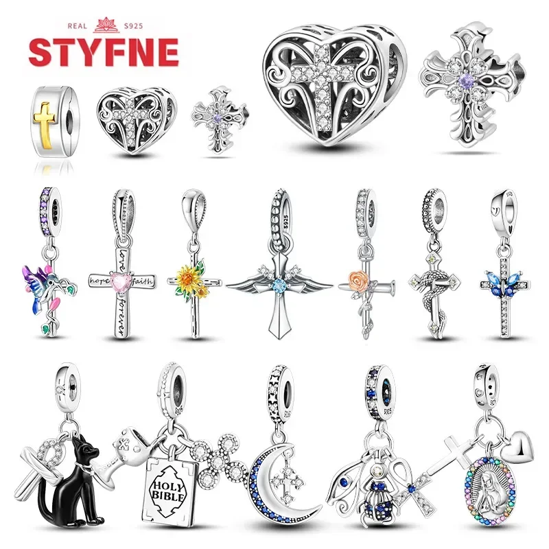 

Silver S925 Charms Religion Heart Lucky Eye Cross Beads For Original Bracelet Making Pendant for Women Fine Jewelry Gift