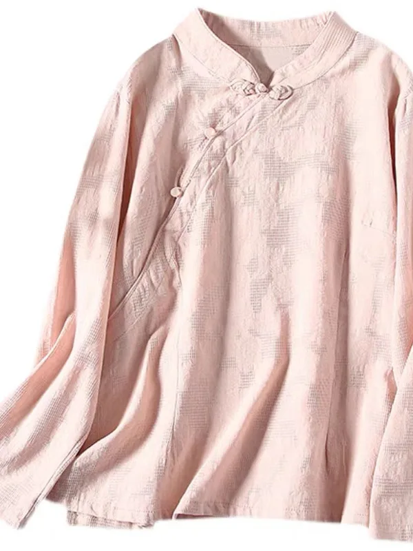 Damen Leinen Irt Blumenstickerei Stehkragen Baumwolle Leinen Tee Kostüm Top Button Up Loose Fit Sommer Neues chinesisches Design