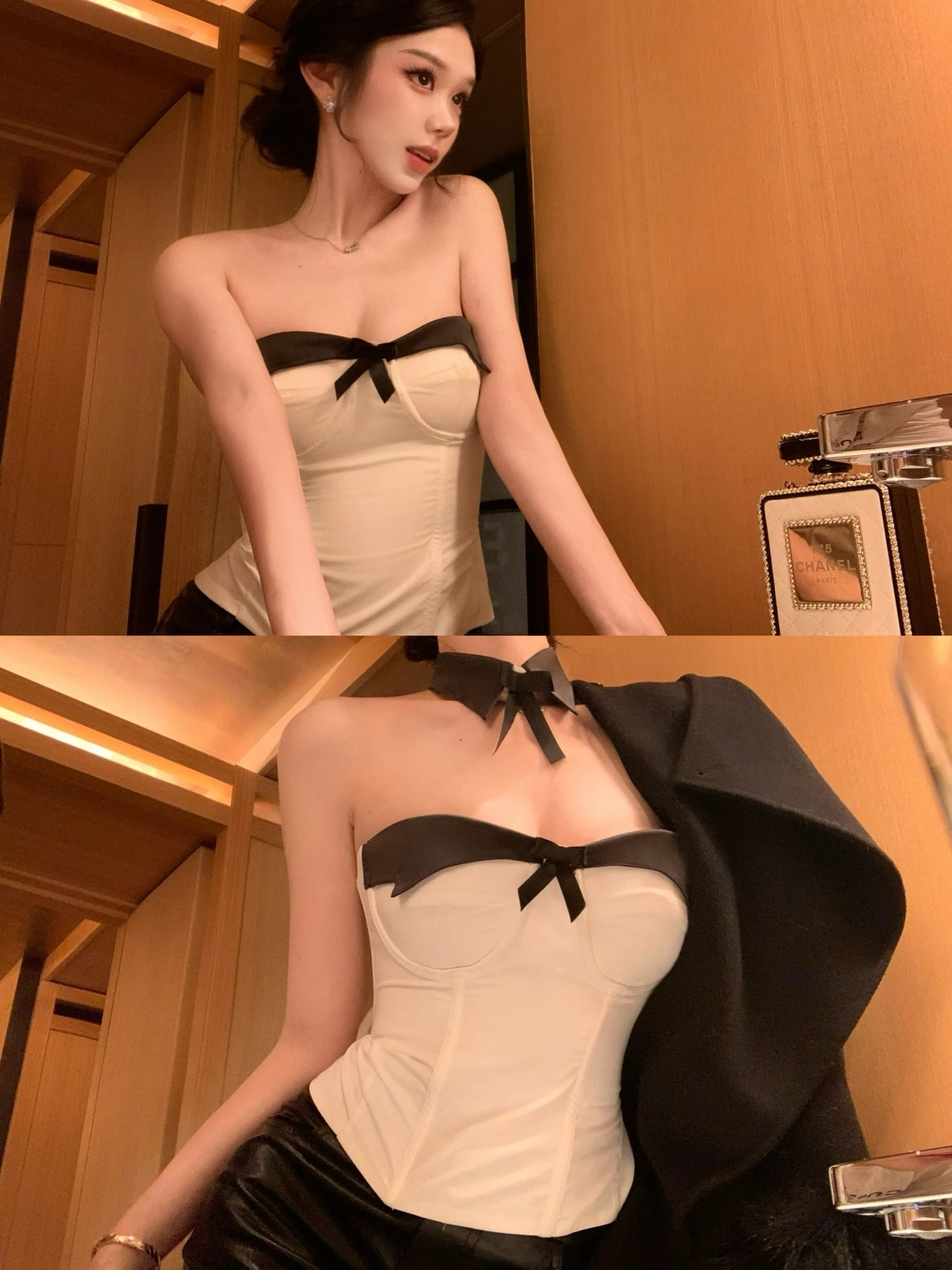 

Утягивающий топ без бретелек черно-белого цвета с дизайном, подчеркивающим талию, с чокером, внутренняя одежда, однотонный, модный.