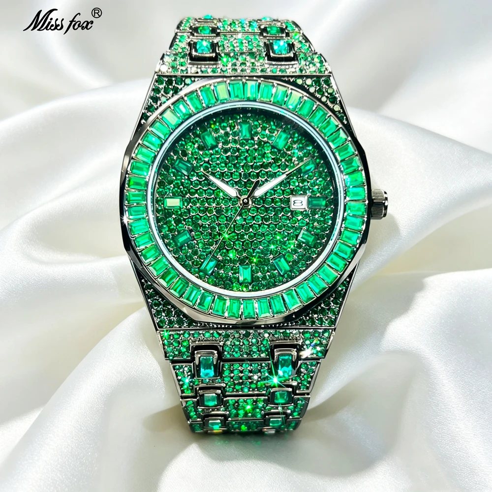 Fashion Full Paved Green Rhinestone Mens Wrist Watch Luxury Octagonal Dial Luminous Hands Calendar Hip Hop Bling Accessory Daily Club Party Present