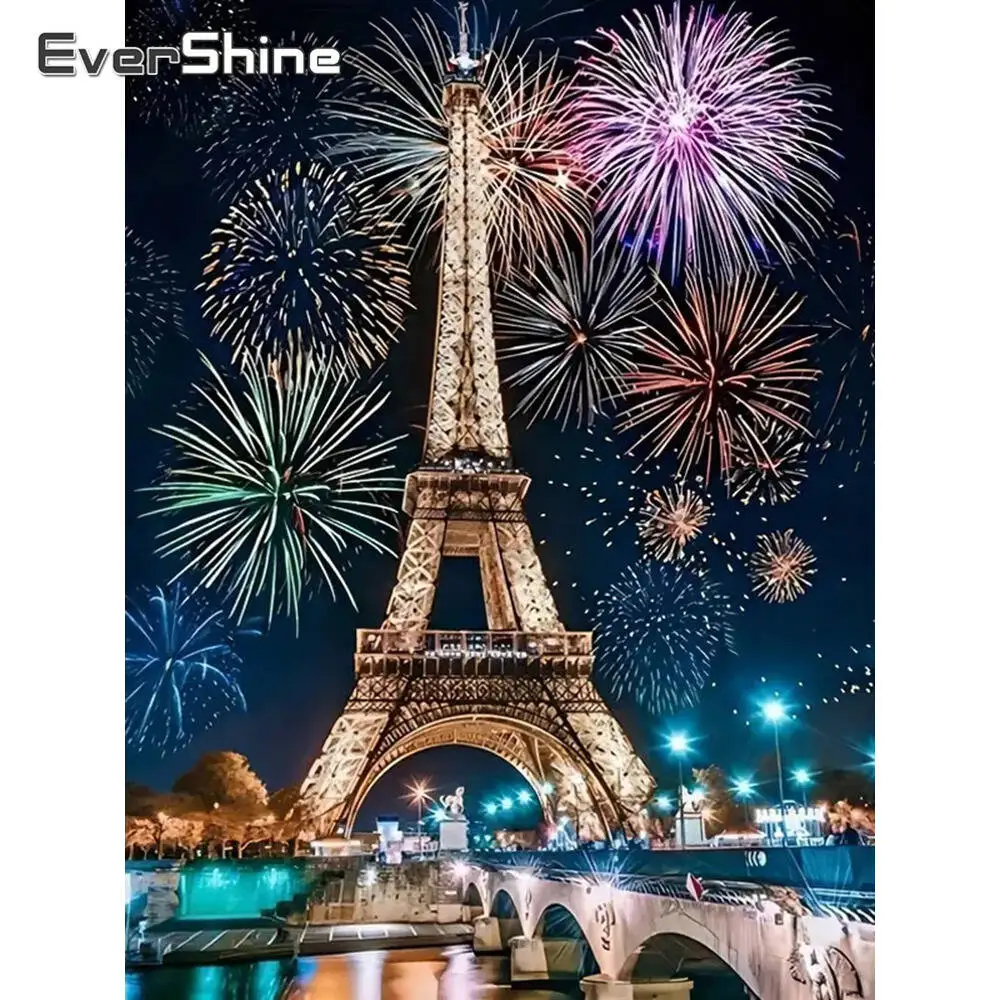 Evershine DIY Diamond Embroidery Eiffel Tower Full Square Round Diamond Mosaic Fireworks Landscape Painting Handmade Hobby