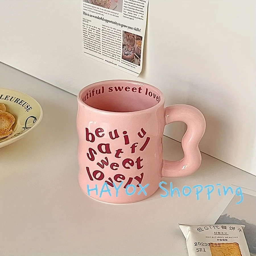 English Alphabet Mug with Irregular Handle，13.5oz Ceramic Coffee Cup，student Couple Water Mug Offic Mug Valentine's Day Gift