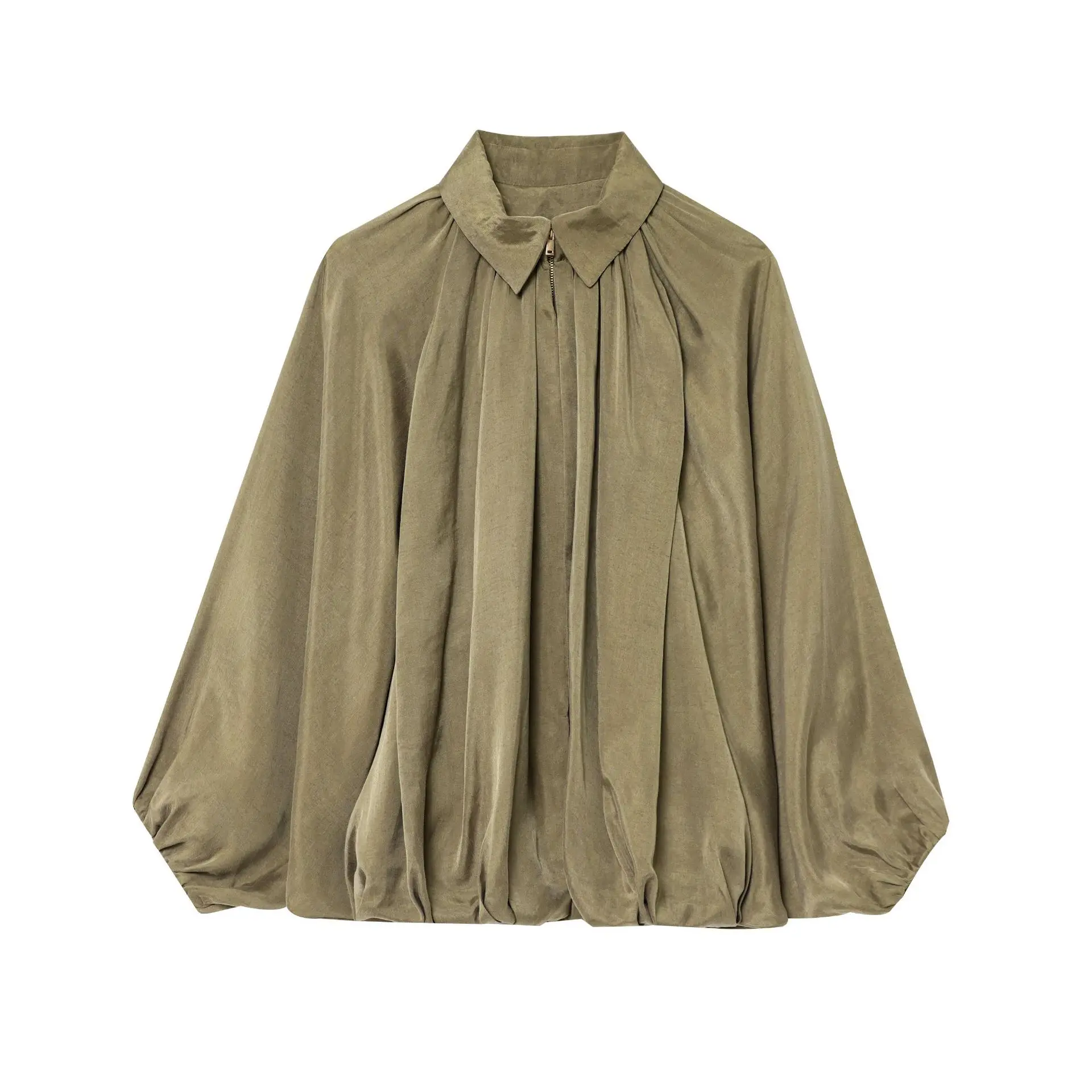 

Women's Jackets Casual Pleated Turn-down Collar Lantern Sleeve Woman Spring Jacket 2025 Green Femme Outerwears