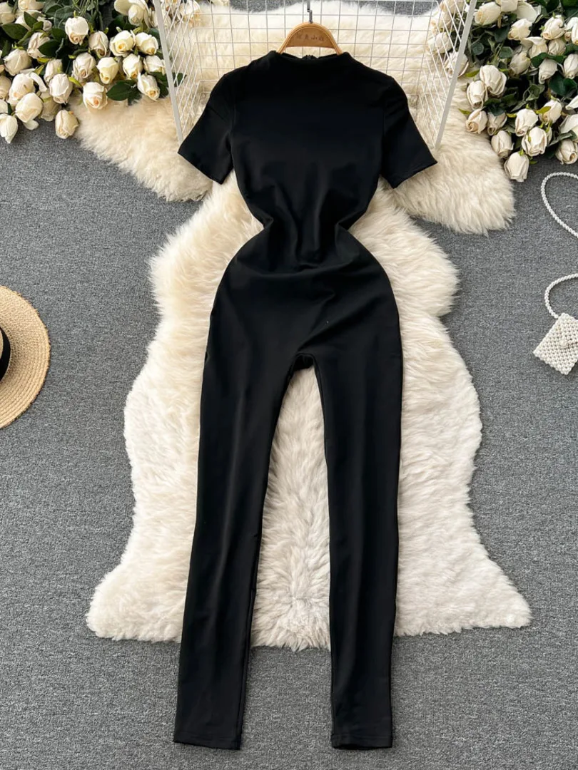 Women Bodycon Jumpsuit Solid Stand Collar Short Sleeve Skinny Stretch Fitness Rompers Fashion Streetwear Casual Summer Overalls