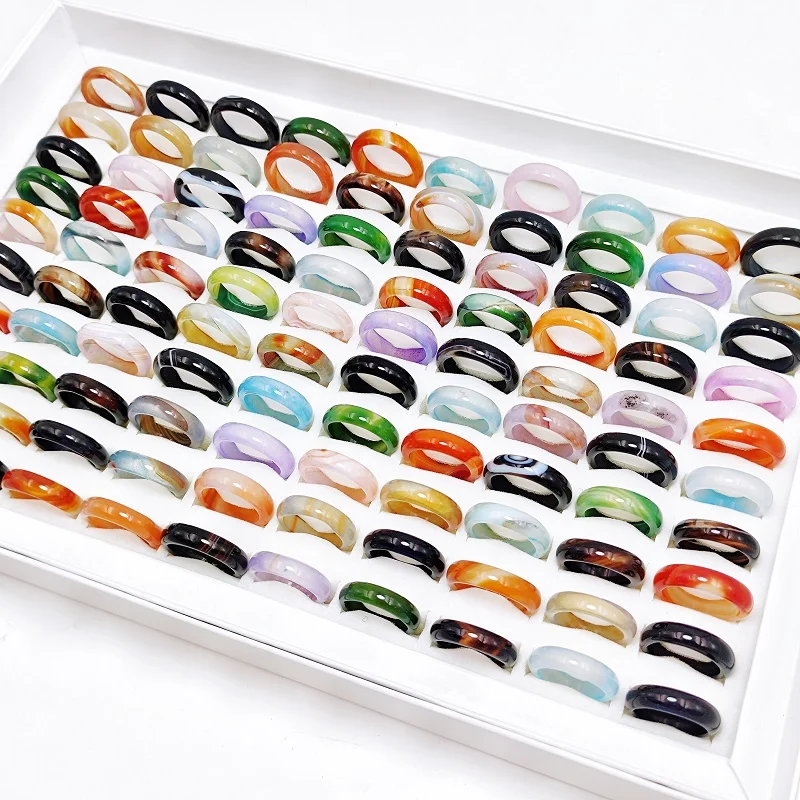 50Pcs/Lot Vintage Multicolor Natural Stone Agate Rings for Men and Women Mix 6MM Carnelian Wedding Ring Charm Jewelry Wholesale