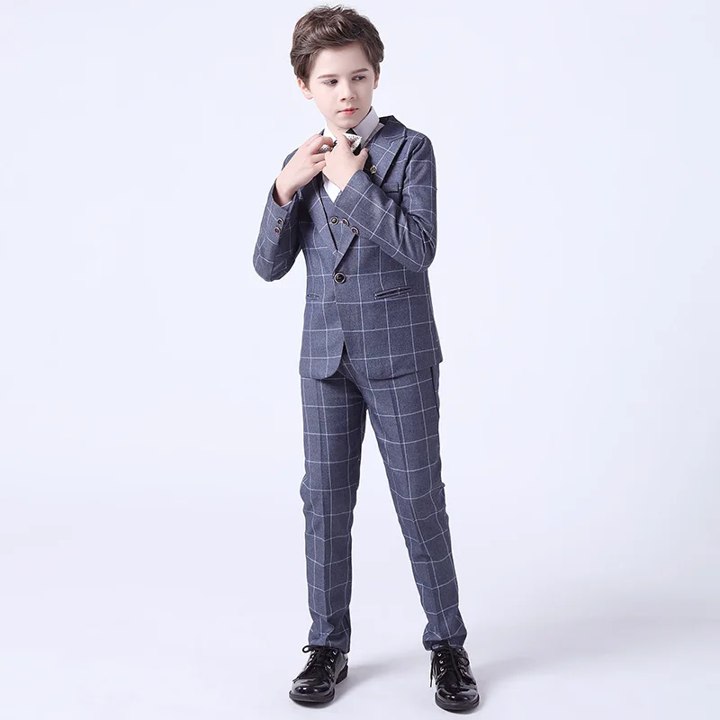 Smoking à carreaux de qualité pour enfants, ensemble de mariage formel pour garçon, blazer pour adolescent, pantalon à nœud papillon, costume de