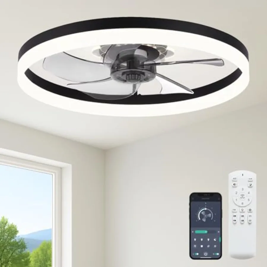 

23.6'' Ceiling Fan with Light for Bedroom Living Room, Black Low Profile Flush Mount Fan, 6-Speed Dimmable LED, App Remote Cont