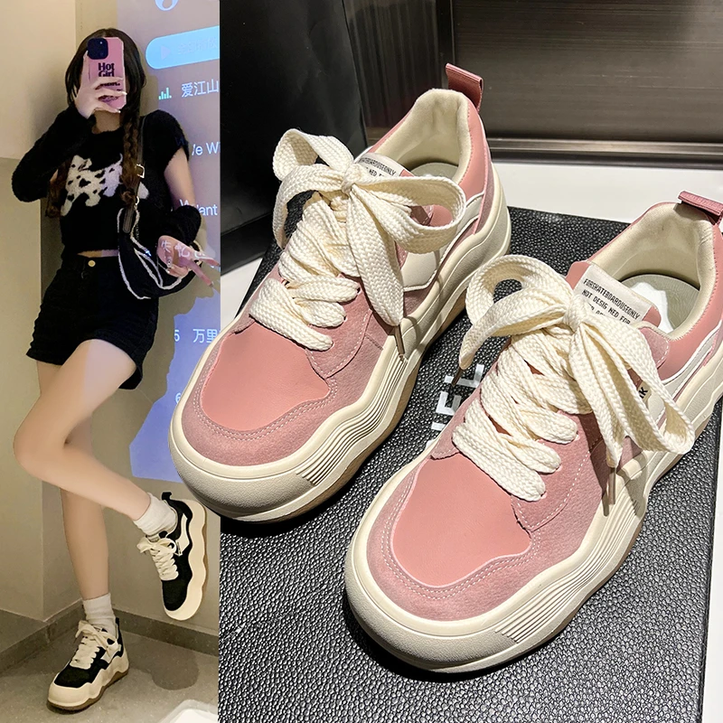 Women's Thick Soles 2023 Spring New Vulcanized Shoes Fashion Wave Sole Single Shoes Comfortable Color-blocking Women's Shoes