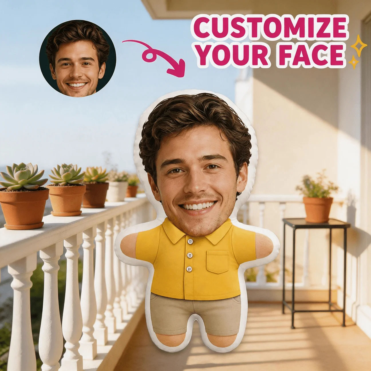 Custom Personalized Photo Face Pillow, Smiling for Man in Yellow Shirt Custom Shaped Decorative Cushion, 27.56inch Large Size Ho