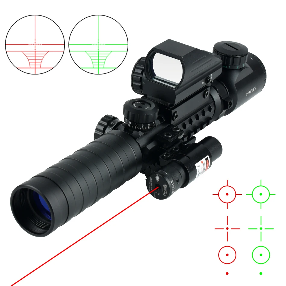 4-in-1 Tactical Scope 3-9x32 Functional Combo with Red Green Dot & 4 Reticles Sight Laser Metal Material