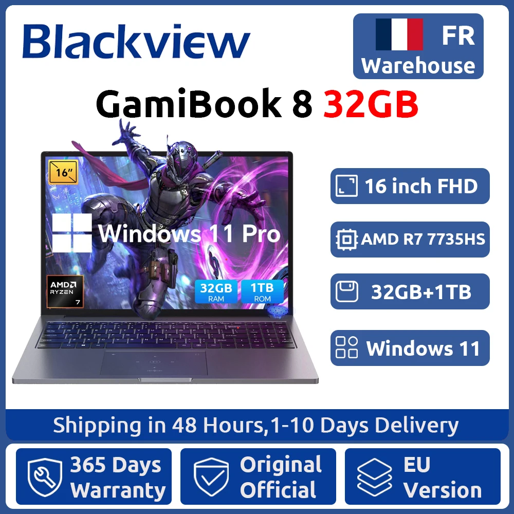 Blackview ‎ GamiBook 8 AMD R7 7735HS 16-calowy laptop z baterią 5000 mAh, 16 GB pamięci RAM LPDDR5, 512 GB pamięci ROM, Windows 11 Pro, BT5.2, Wi-Fi 6, podświetlana klawiatura