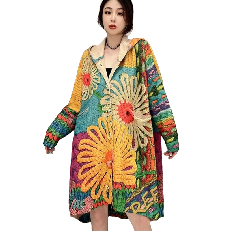 Vefadisa Color 2024 Autumn New Women Printed Sweater Cardigan Hooded Long Sleeve Knit Cardigan Casual All-match Coat ZXY829A