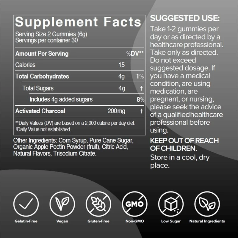 Nutrition coconut activated charcoal gummies - charcoal supplements for detoxification, oral health, and intestinal health