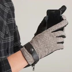 Leather Gloves for Men Winter Woolen Motorcycle Driving 100% Genuine Leather Sheepskin Gloves Full Finger Guantes Outdoor Button
