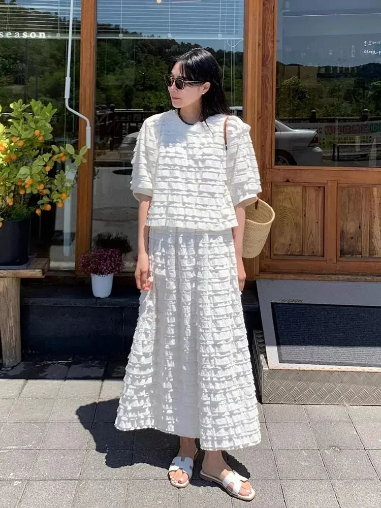 

Chic Design 2 Piece Skirts Sets Summer Retro Simple Shirt+ Casual Midi Skirt Outfits Fashion Cascading Ruffled White Two Piece