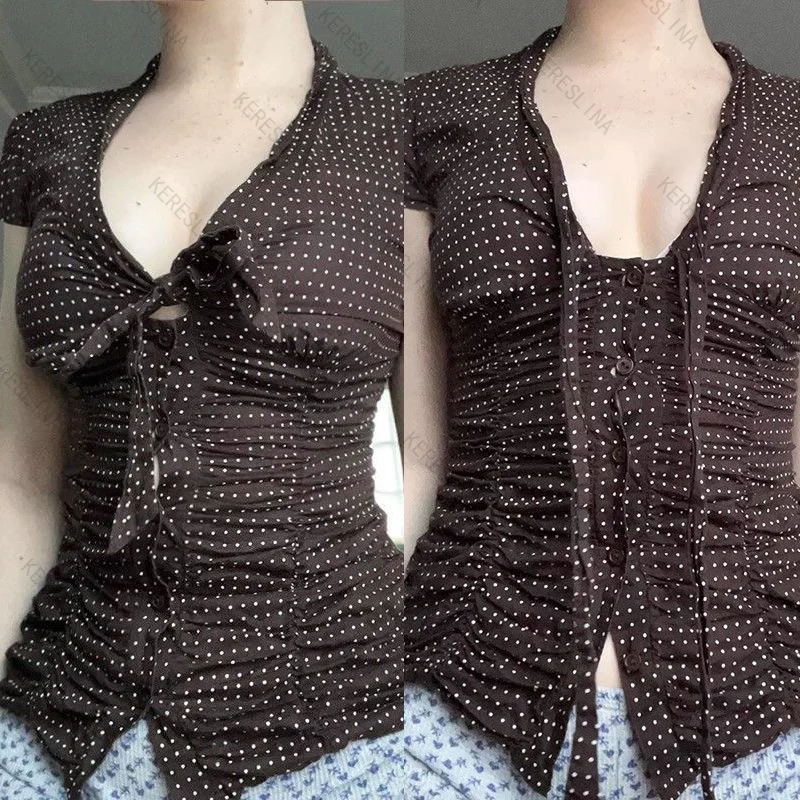 Camicia estiva europea e americana sexy slim fit con scollo a V maculato top vintage high street dolce piccante camicia femminile stile ragazza