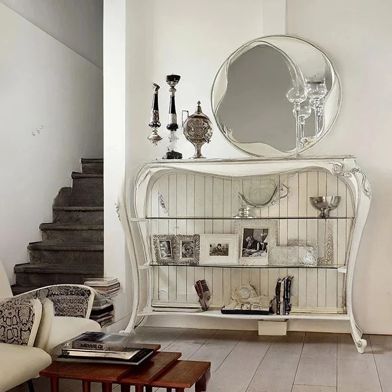 Luxury Solid Wood Carving Entrance Cabinet Villa Luxury Restaurant Side Cabinet Display Shelf Shelf