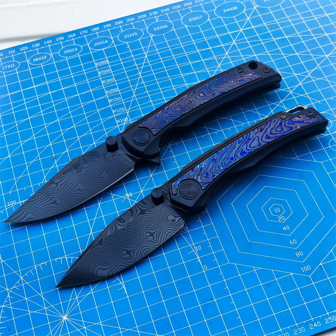 QK Damascus Steel DLC Folding Knife Zirconium Horse Titanium Handle Camping Fishing Outdoor Hiking Hunting EDC Defense Tool