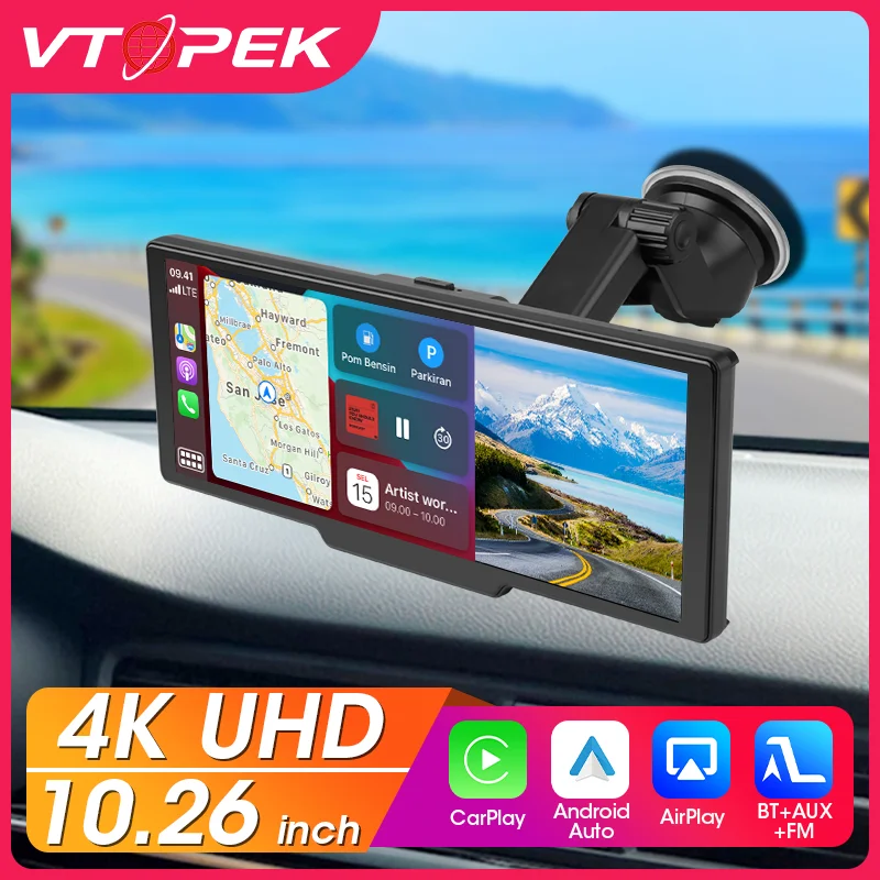 

Vtopek 10,26 "автомобильный видеорегистратор Carplay Android Auto Dashcam 4K 3840*2160 Передняя и задняя камера 1080P BT GPS-навигационный рекордер с двумя объективами