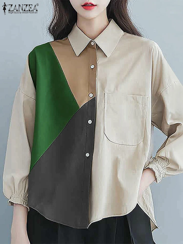 2024 ZANZEA Vintage Women Color Patchwork Shirt Autumn Casual Tunic Top Fashion Long Sleeve Turn Down Collar Loose Office Blouse