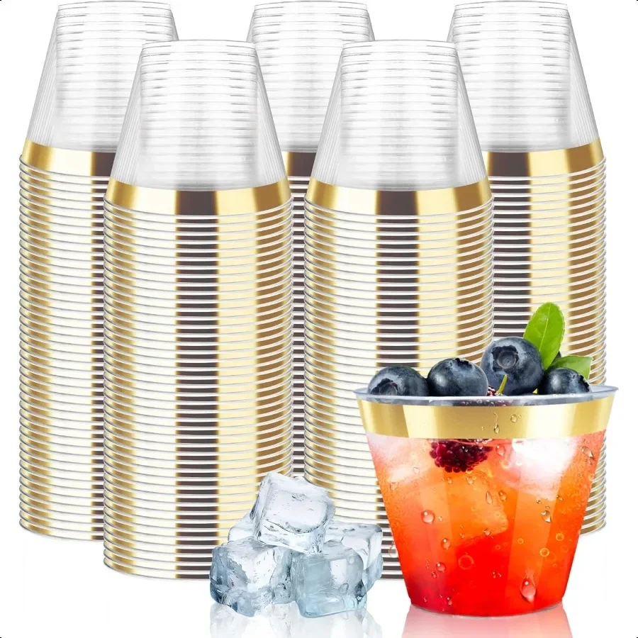

[200 Pack] 9oz Clear Plastic Cups with Gold Rimmed Sturdy Food Safe Wine Glasses Party Wedding Cups Drinking Cups Plastic Coc