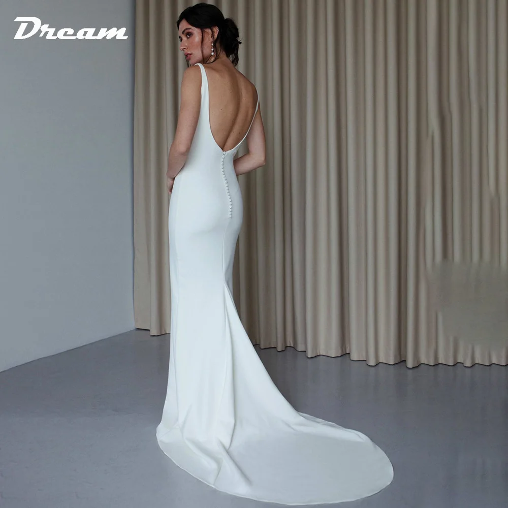 Robe de mariée sirène simple en pansement de rêve, dos ouvert, col bateau, train de balayage, patients, sur mesure, mariée, 2023