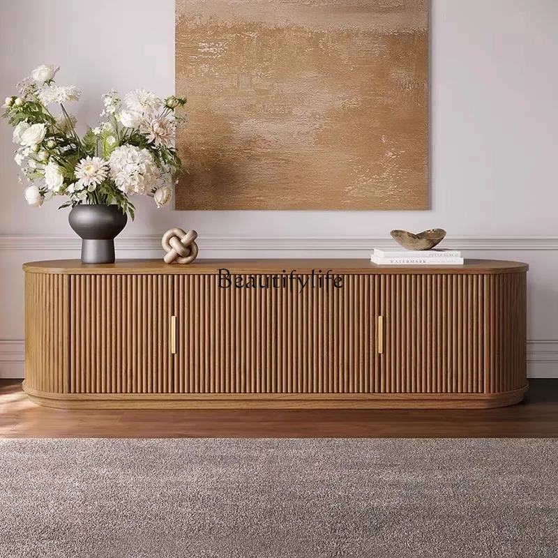 

French retro solid wood simple living room TV cabinet medium antique floor storage cabinet