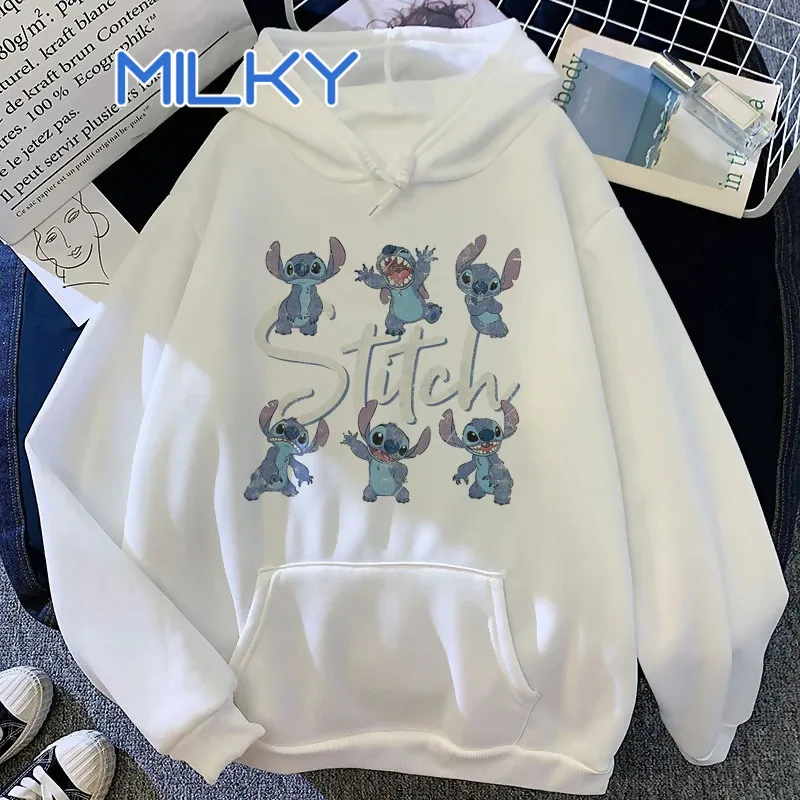 Kawaii Lilo Stitch Hoodie Women Print Long Sleeve Fleece Oversized Stitch Hoodie Loose Harajuku Hooded Clothing Sweatshirt Tops