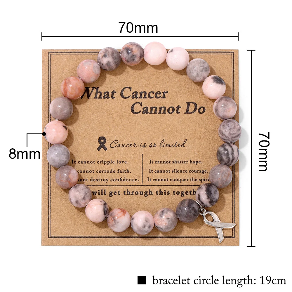 Handmade Amazonite Stone Bracelet Cat Eye Pink Ribbon Beads Charm Bracelets for Women Breast Cancer Awareness Jewelry Gift