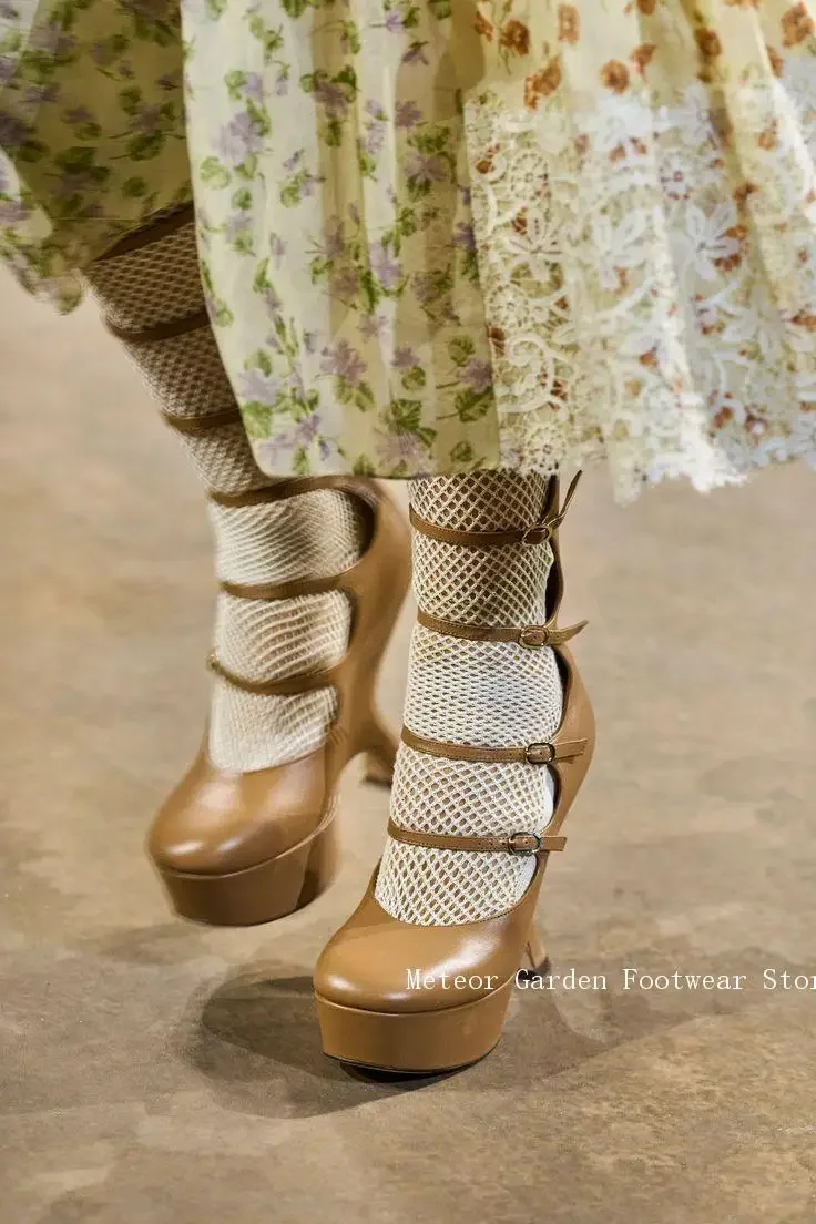Spring/summer New Fashion Show Women's Mid-Calf Round Toe Strange Heel Platform Hollow Buckle Strap Dress Modern Boots