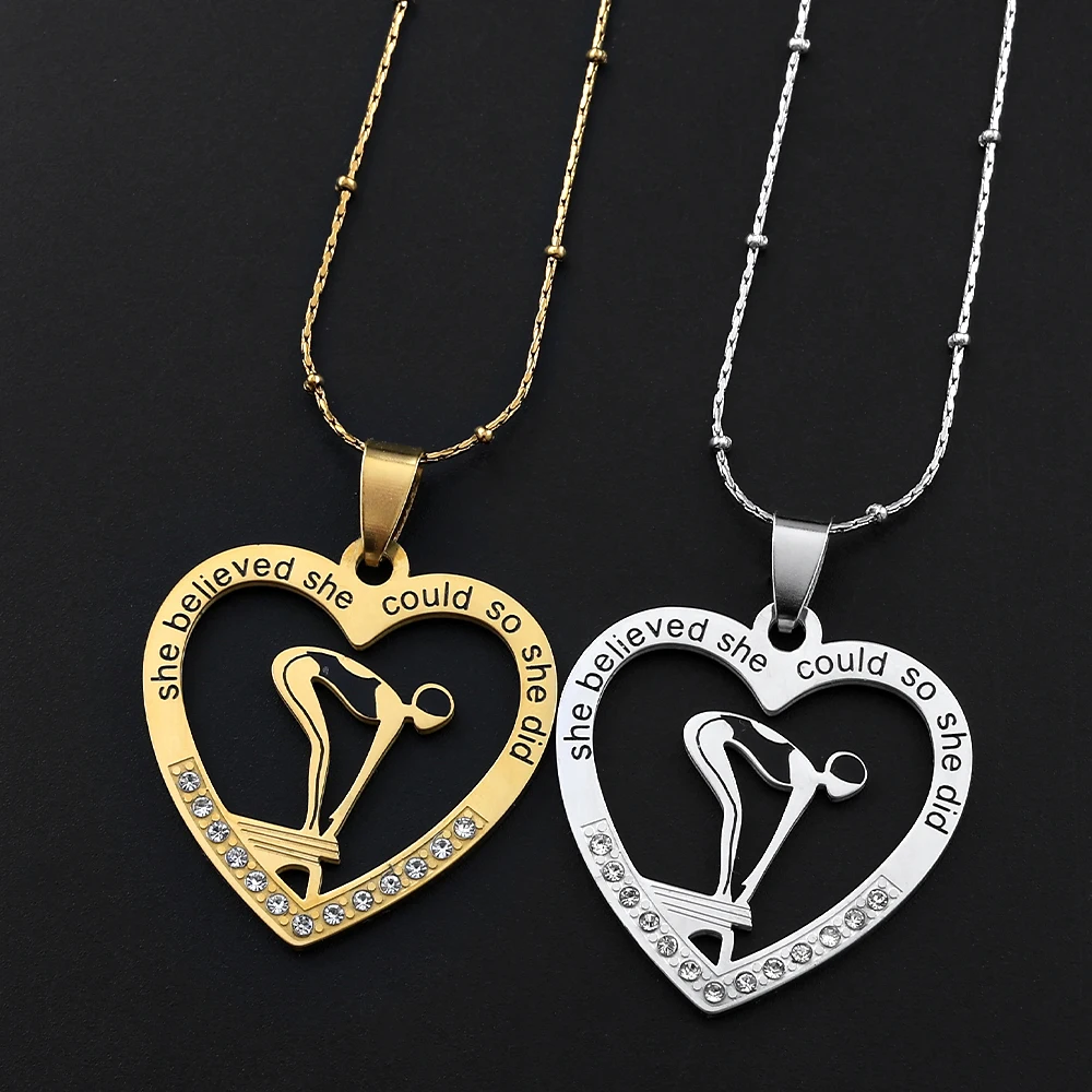 Swimming Rhinestone Heart Pendant Necklace for Women Girls Teen Swimmer Coach Stainless Steel Necklace Jewelry Birthday Gifts