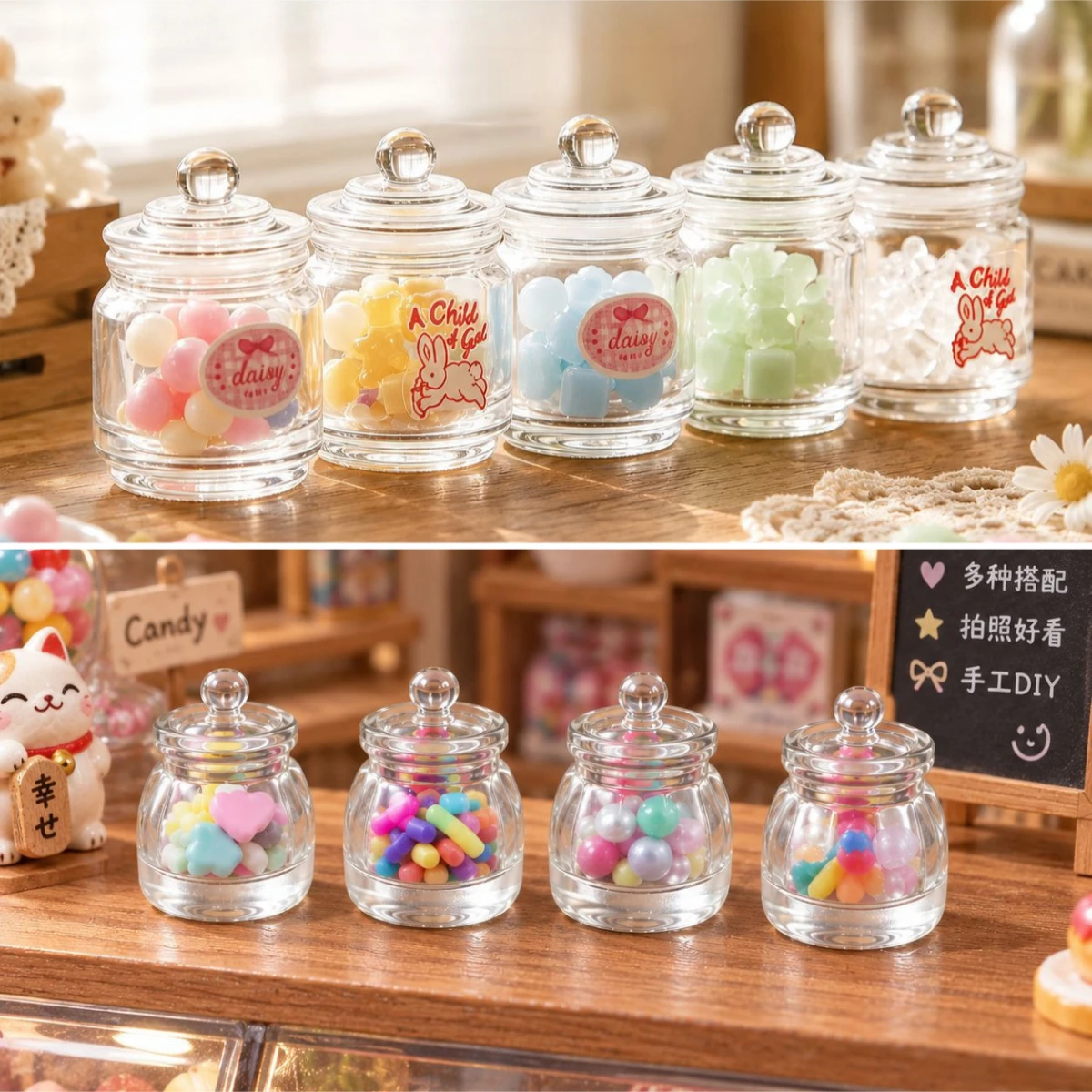 100pcs Kawaii Simulation Transparent Candy Jar Miniature 3D Resin Dollhouse Scene DIY Keychain Jewelry Accessories