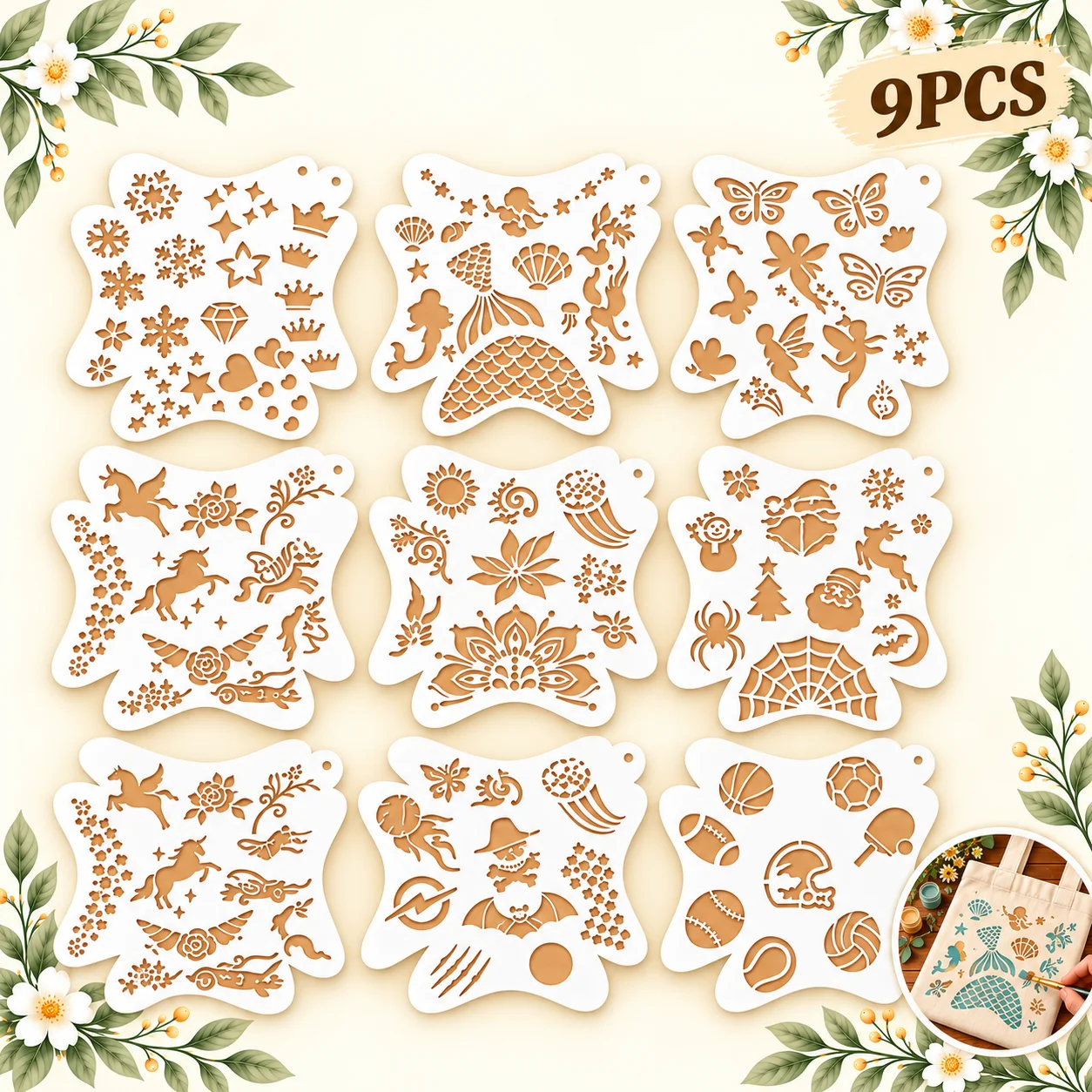9Pcs Kids Theme Stencils Reusable PET Painting Templates Snowflake Unicorn Mermaid Dinosaur Sports Paper Wood Fabric Wall Crafts
