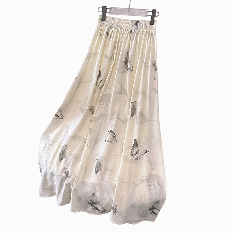 Vintage Floral Print A-line Long Skirts Summer Chiffon Women 2024 new Casual  Elastic Waist Skirt