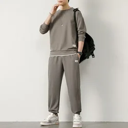 Spring Autumn Long-sleeved Suit Men's T-shirt Casual Set Clothes Solid Color Loose Autumn Sweatshirts Set Men Clothes