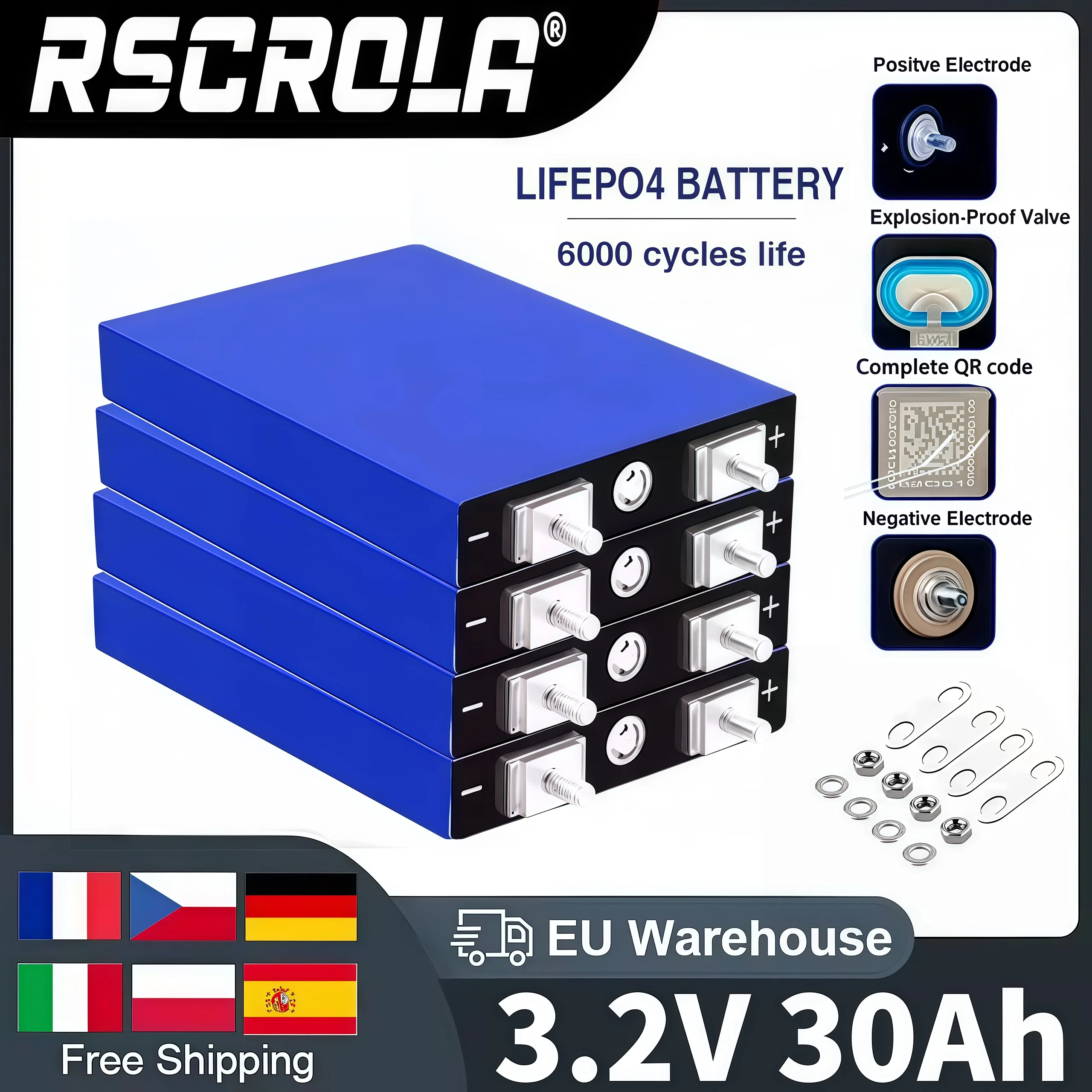 

100% New 3.2V 30Ah LiFePO4 battery cell Lithium iron phosphate deep cycles for diy 12V 24V 36V 48V solar energy UPS power