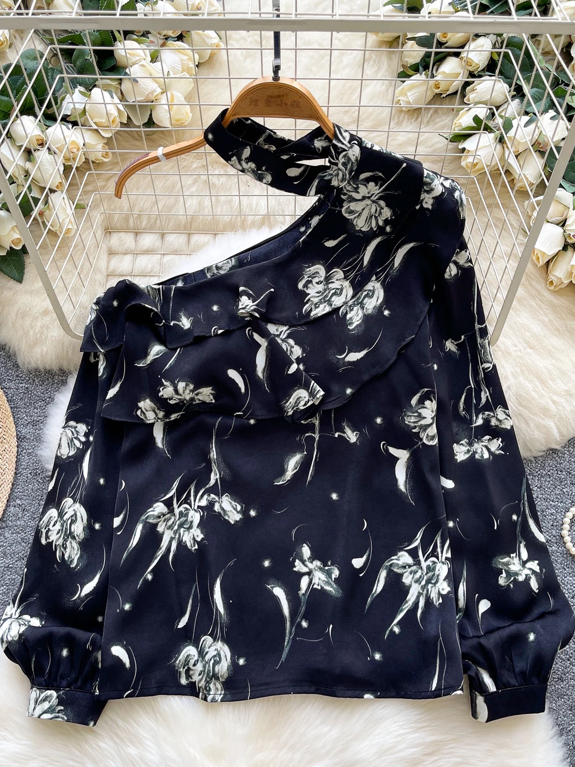 Francuski styl, drukowany, długi rękaw, odkryte ramiona, spódnica, damska, jesienna, uniwersalna, elegancka, osobowość, top, lekki, dojrzały styl.