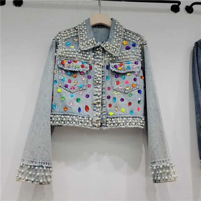 Fashion Multicolour Diamonds Frayed Pocket Denim Jacket Women Cowboy Outerwear Loose Short Jeans Jacket Female Chaqueta Mujer