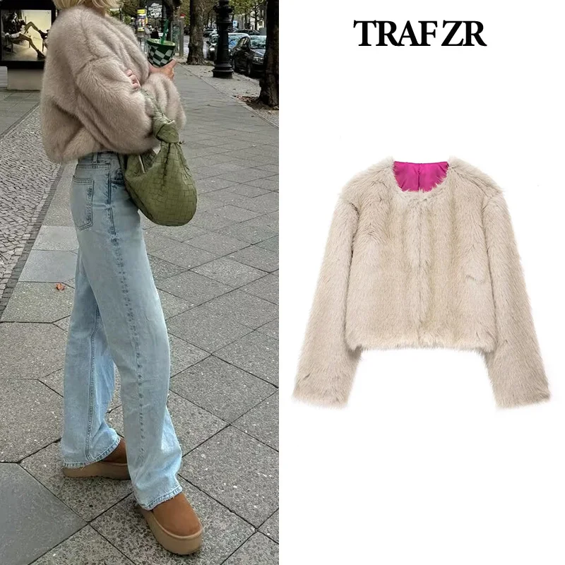 TRAF ZR Padded Coat Artificial Fur Coats American Retro Beige Coats Female Warm Woman Winter Coats Elegant Luxury Women's Coat