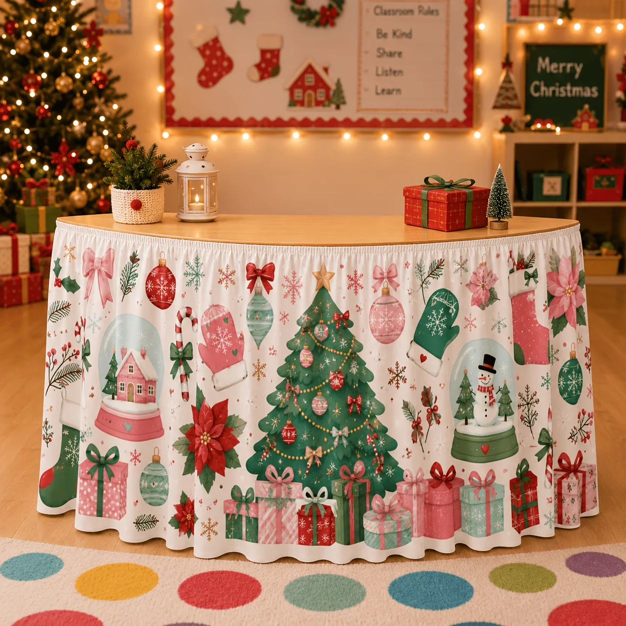 1 tablecloth table skirt, watercolor pink and green Christmas table skirt, central decoration, Christmas tree, snowball