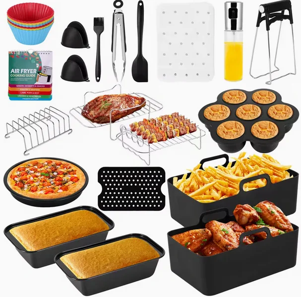 Zubehörset für Dual-Zone-Heißluftfritteuse, passend für 7,6L-9,5L, antihaftbeschichtet, aus Silikon und Edelstahl, Back- und Grillzubehör, Muffin-, Pizza-, Kuchenformen, Racks, Matten, Ölflasche,