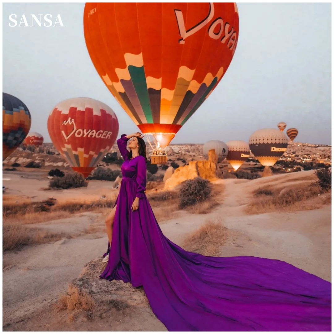 Sansa Purple Puffy Sleeve Vestidos De Fiesta Flying Dress Prom Dress Deep V-neck Evening Dresses Long Sweep Train فساتين سهرة