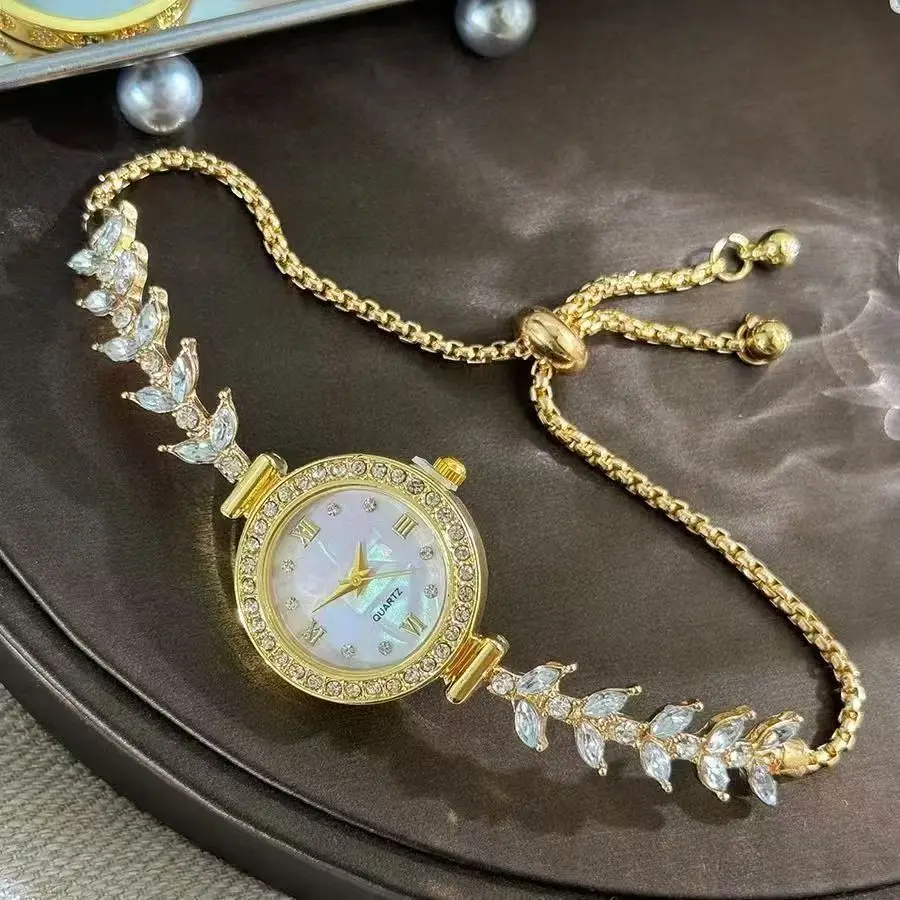 Round Diamond Fish Tail Women's Watch Five Piece Set Bracelet Watch Ring Necklace Earrings Luxury Girl Gift Set
