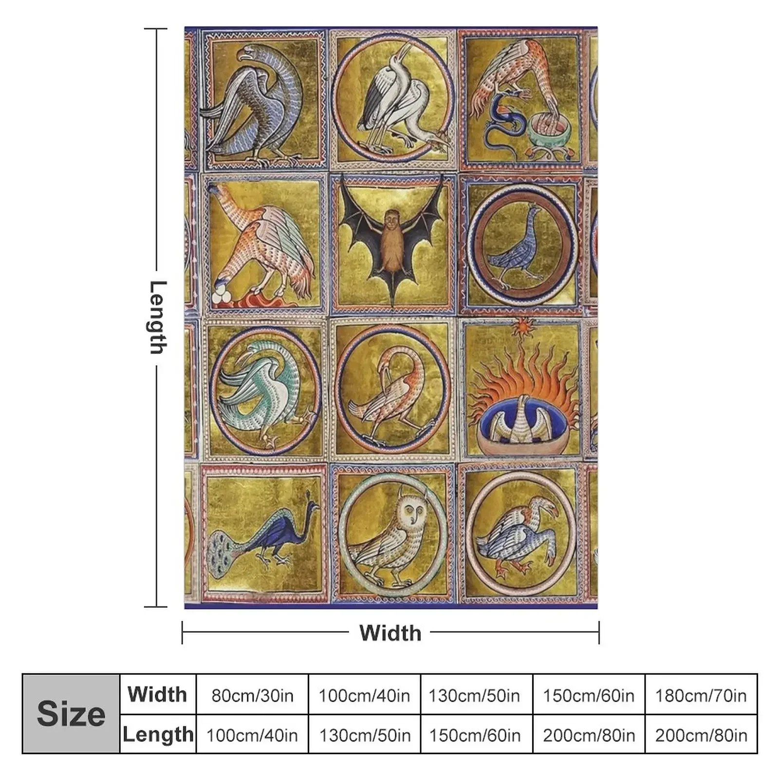 MEDIEVAL BESTIARY, FANTASTIC ANIMALS IN GOLD RED BLUE COLORS Throw Blanket couch cozy soft plush fuzzy picnic outdoor blanket