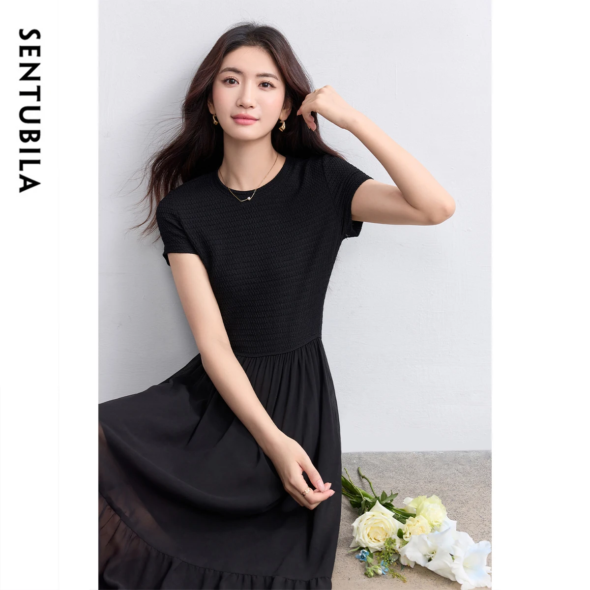 SENTUBILA Knitted Dress Women's Summer Simple Splicing Pleated Black Dresses 2025 New Collection Elegant Woman Clothes 152L59138