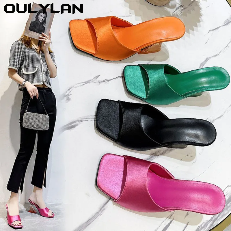 

Oulylan женские тапочки, летние простые сандалии на высоком каблуке с квадратной головкой и открытым носком, повседневные модные темпераментные тапочки с кристаллами