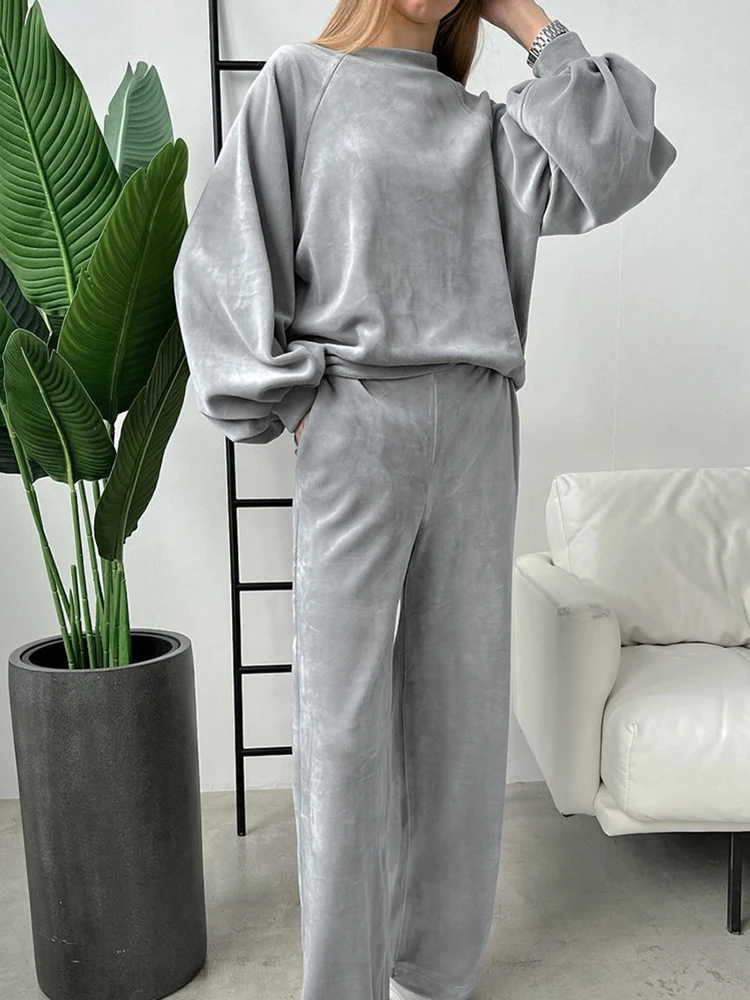 Linad Knitted Velvet Pajamas For Women 2 Piece Sets Lantern Sleeve O Neck Sleepwear Female Loose Trouser Suits Autumn Casual