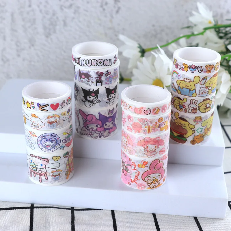 4roll/box Sanrio Guka Handbook Tape Stickers Kawaii Kuromi Melody Cinnamoroll Pompompurin Hand Account DIY Sticker Kid Toys