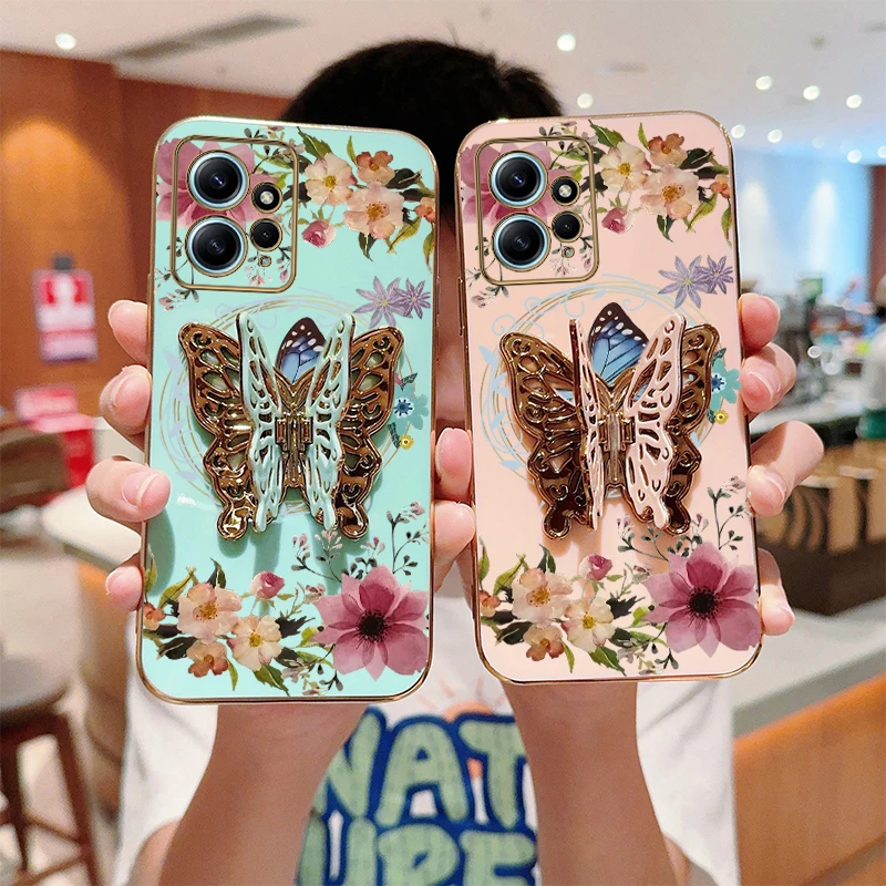 N ote 12 Flower Butterfly Plating Holder Phone Case For Xiaomi Redmi Note 12 12R 12Pro 12S 12Turbo 11SE 11S 13 13R 13Pro Cover